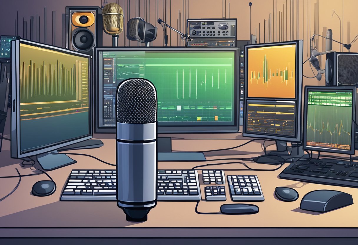 A microphone surrounded by audio equipment and computer screens, with sound waves and voice animation software displayed on the screens