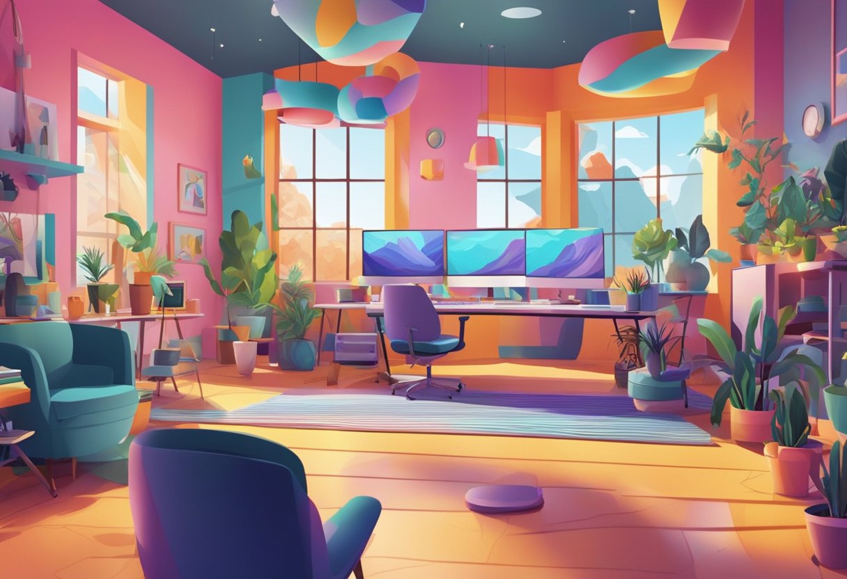A colorful and dynamic animation studio with artists collaborating on original and creative content in a vibrant and inspiring environment