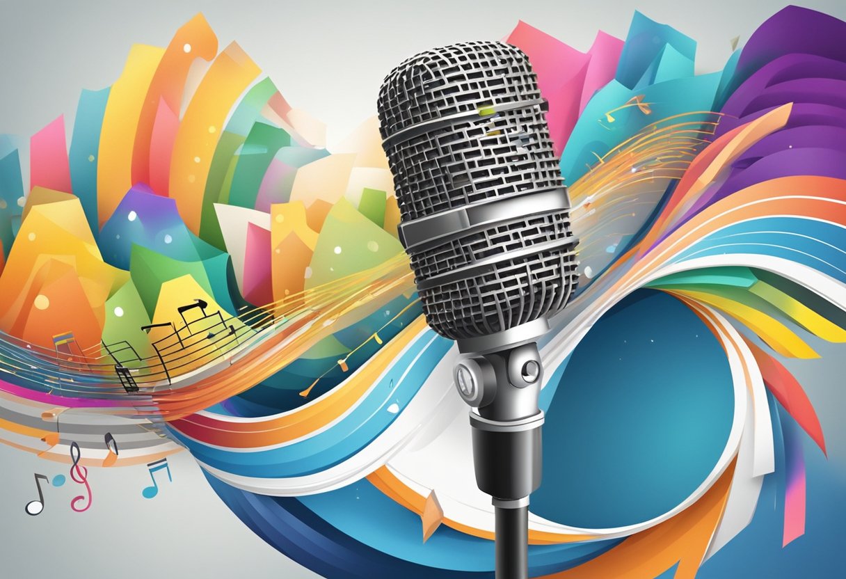 A microphone surrounded by colorful sound waves, with a pencil and paper for notes