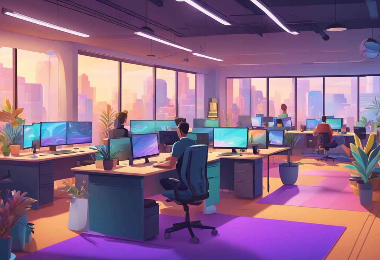 A vibrant animation studio with artists working on various projects in a modern, open-concept office space. Computer screens and drawing tablets line the desks, while colorful concept art adorns the walls