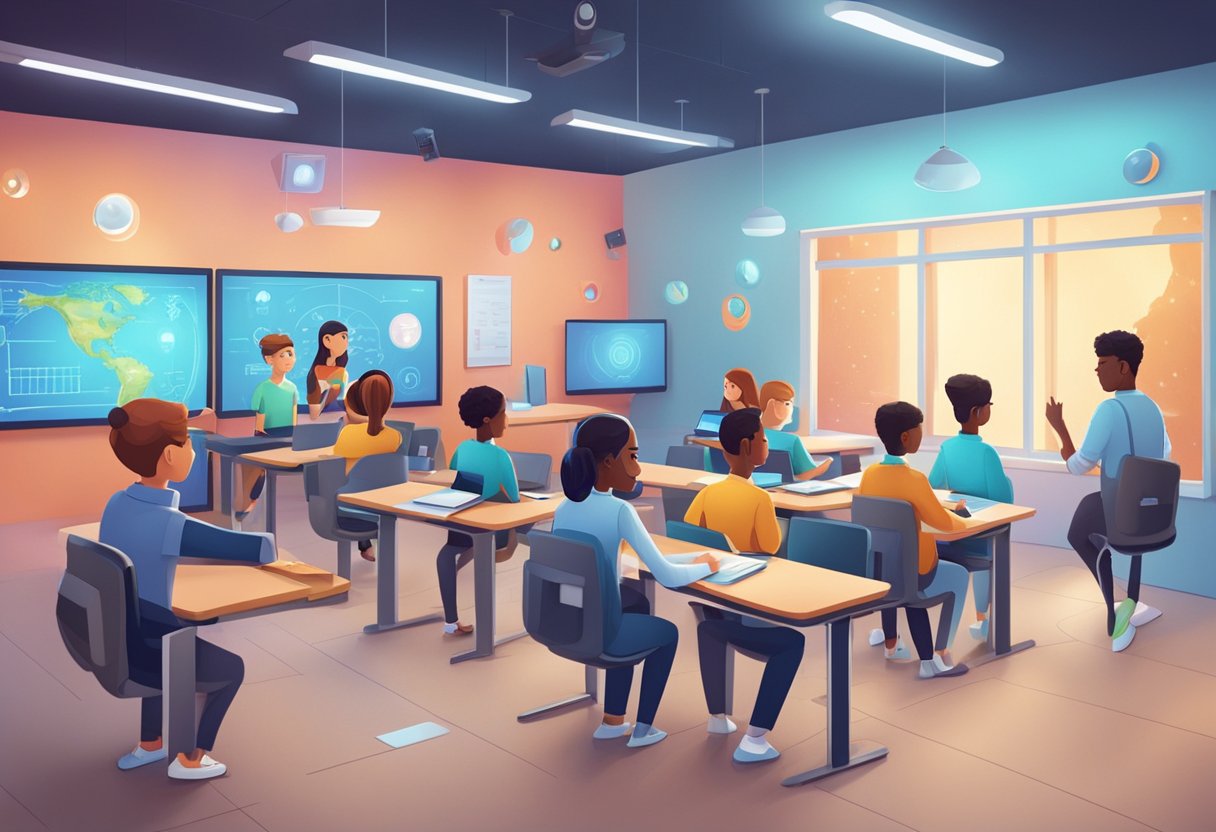 A futuristic classroom with animated characters teaching and interacting with students through voice-activated technology