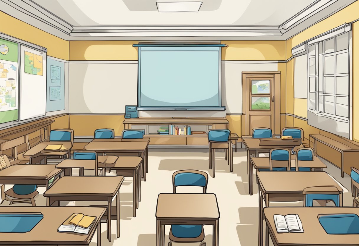 A classroom scene with animated visuals projected on a screen, illustrating various subjects such as math, science, history, and language arts