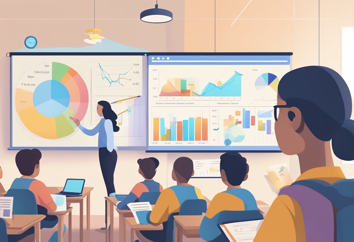A split-screen showing an animated classroom with economic graphs and charts on one side, and a live-action teacher explaining concepts to students on the other side