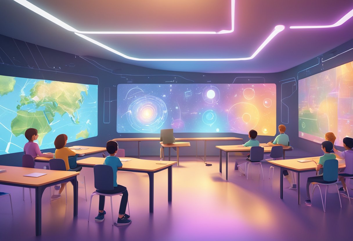A futuristic classroom with holographic projections of animated and live-action educational content, blending seamlessly to engage students