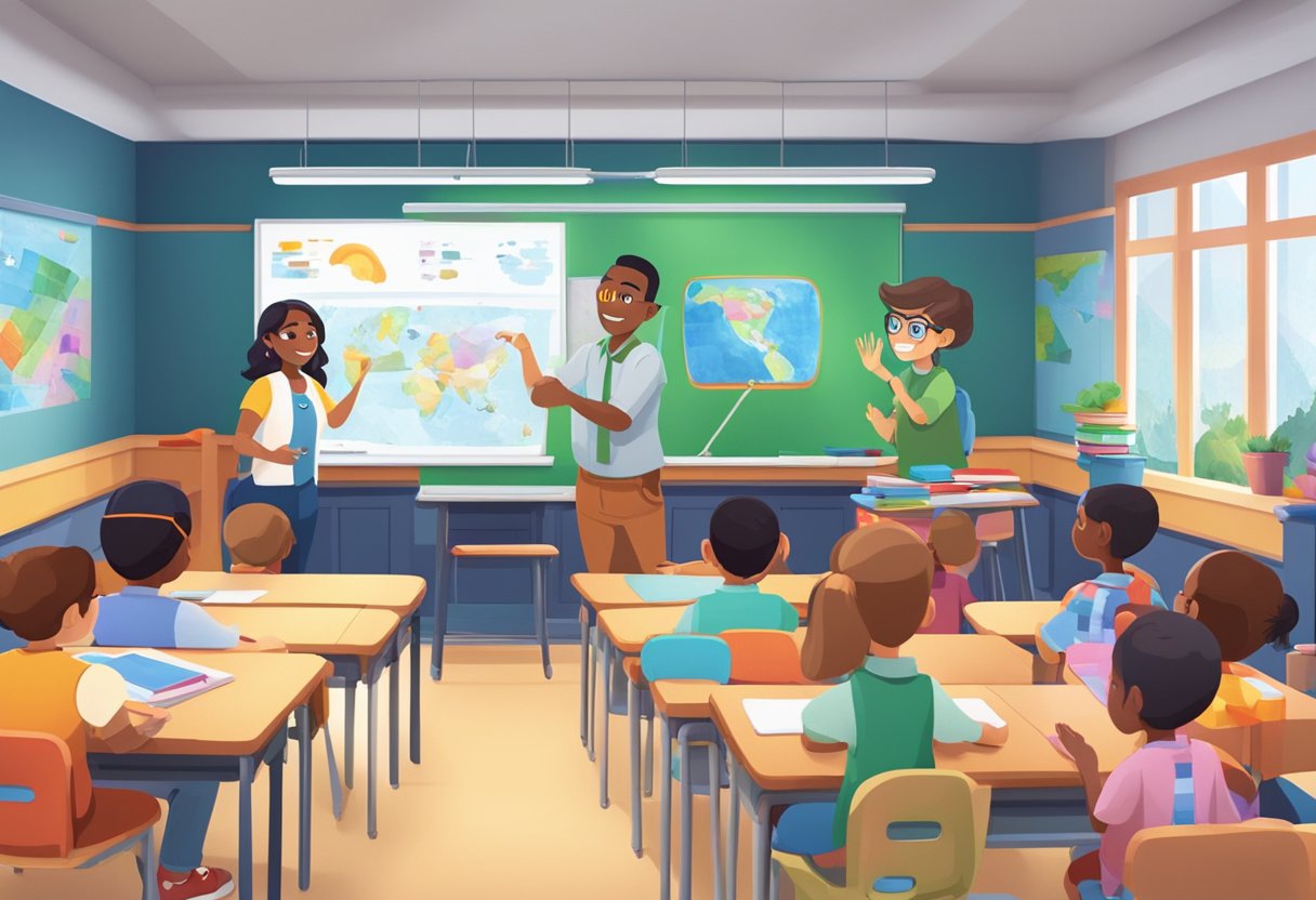 An animated classroom with interactive characters and colorful visuals, contrasting with a live-action setting featuring engaging demonstrations and hands-on activities