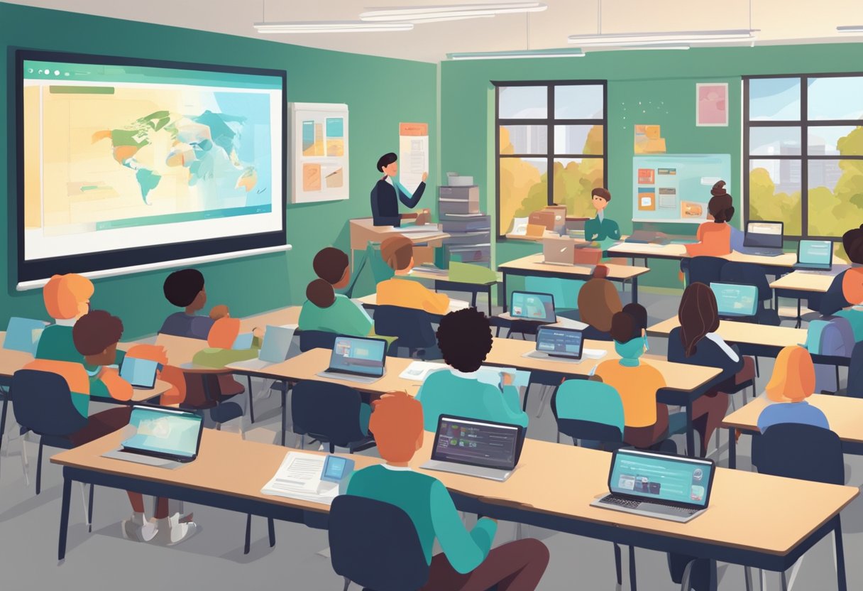 A classroom setting with a large screen displaying a comparison between educational animations and live-action videos. Students are engaged and discussing the pros and cons of each format