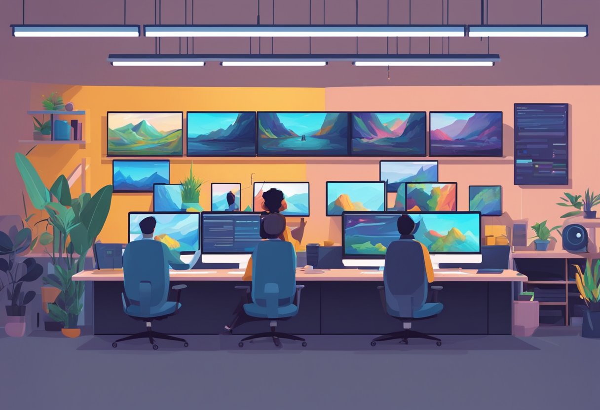 A vibrant, modern animation studio with multiple screens displaying high-quality animated content. A team of animators and technicians work diligently on their projects