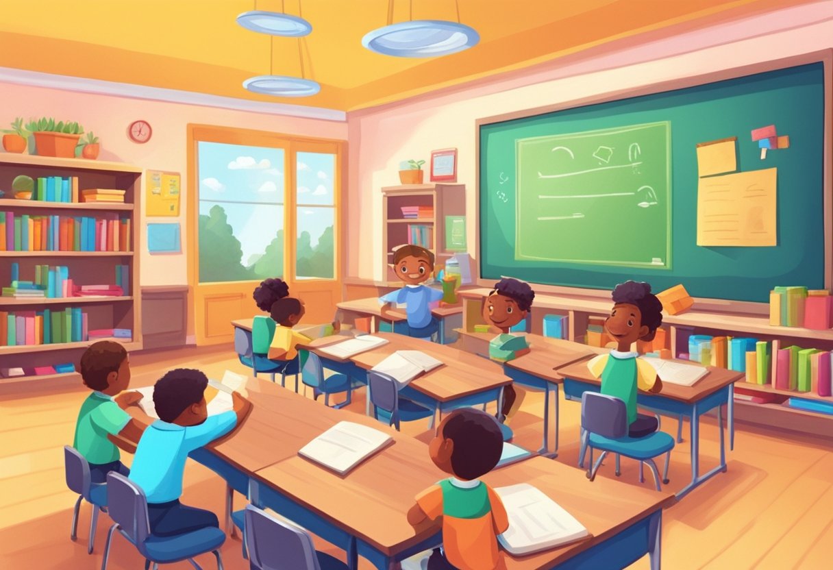 A colorful classroom with books, a chalkboard, and educational materials, with animated characters interacting and teaching