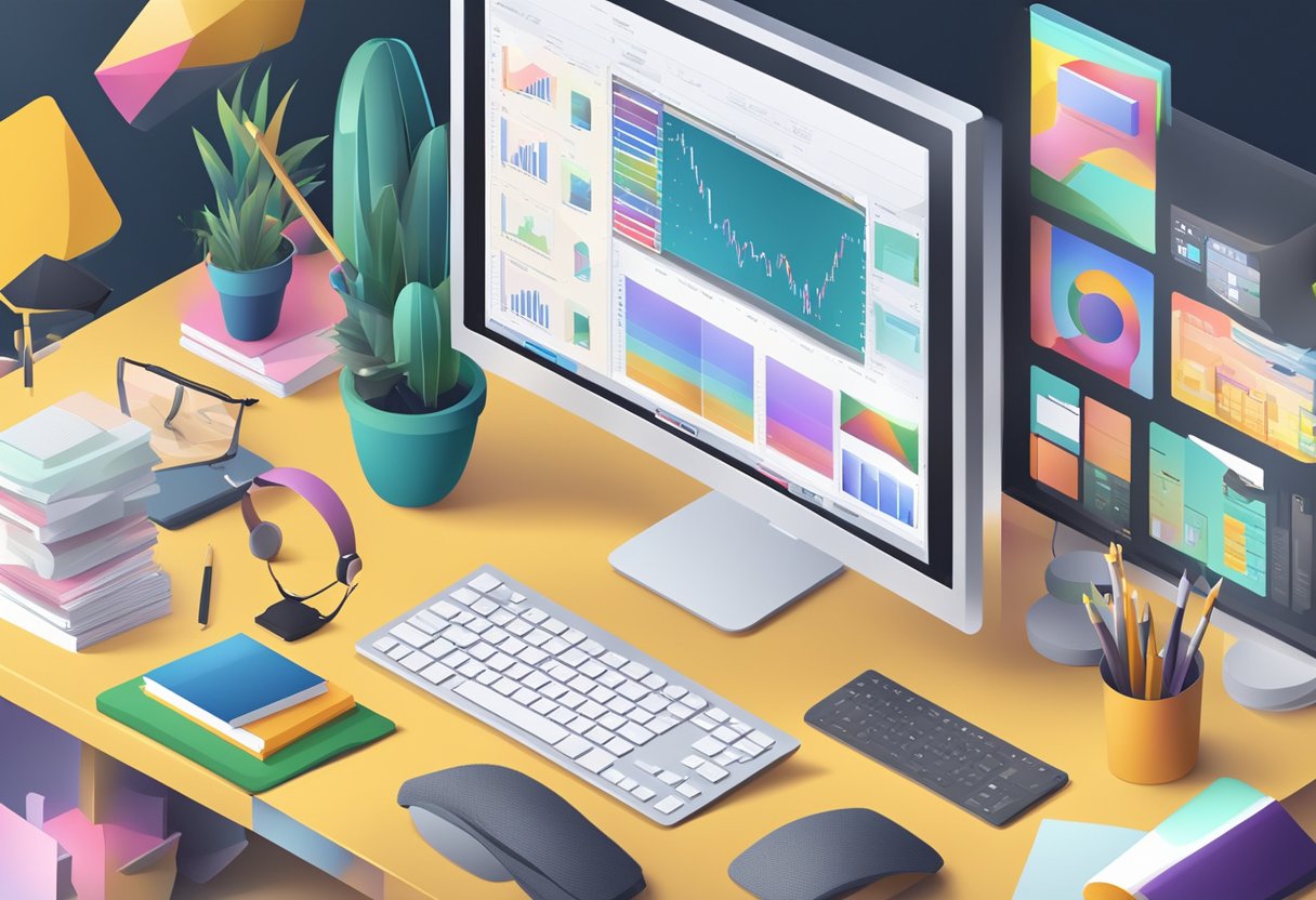 A computer screen with video editing software open, surrounded by educational props and materials