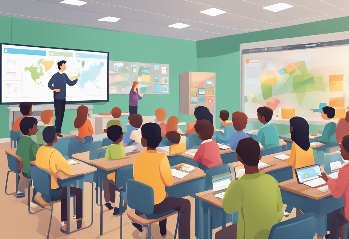 A bustling classroom filled with students watching educational videos on a large screen, while a teacher stands at the front, discussing the content