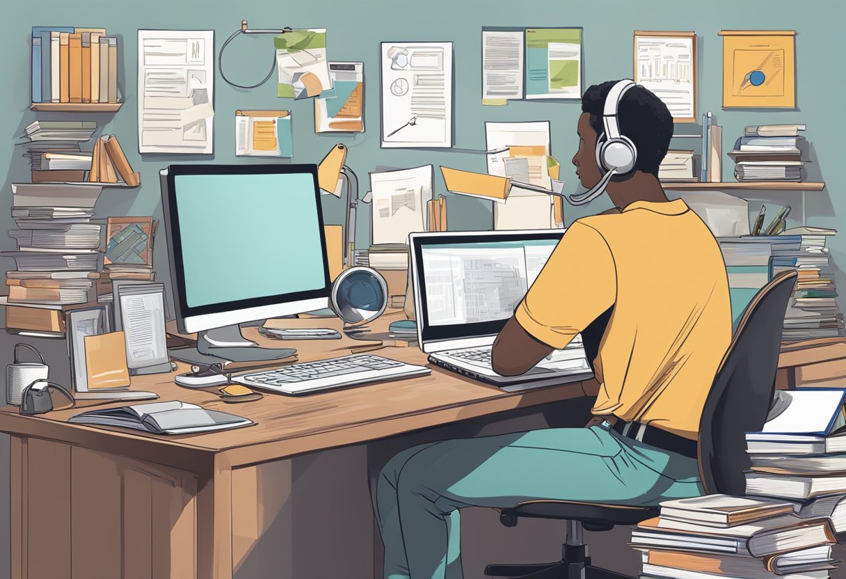 A person sitting at a desk with a computer, microphone, and camera, surrounded by educational materials such as books, papers, and a whiteboard