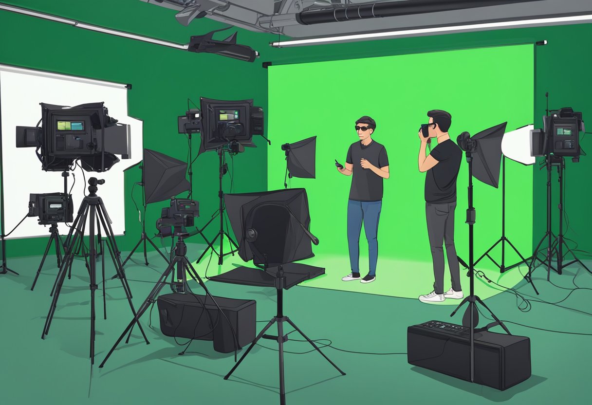 A person recording a tutorial video, surrounded by cameras, lights, and a green screen backdrop