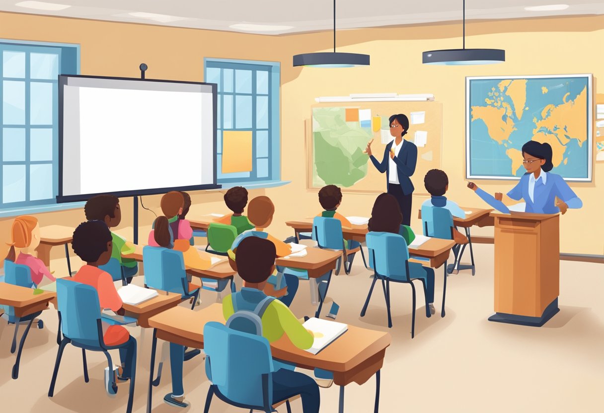 A classroom setting with a teacher using a microphone and projector to present educational content to a group of engaged students
