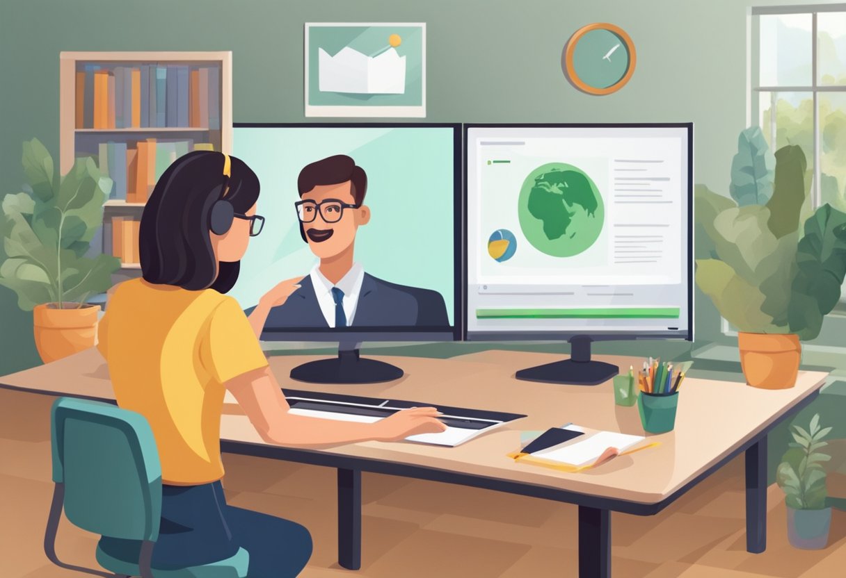 An online teacher stands in front of a computer, delivering a lesson through a video call. Visual aids and educational materials are displayed on the screen