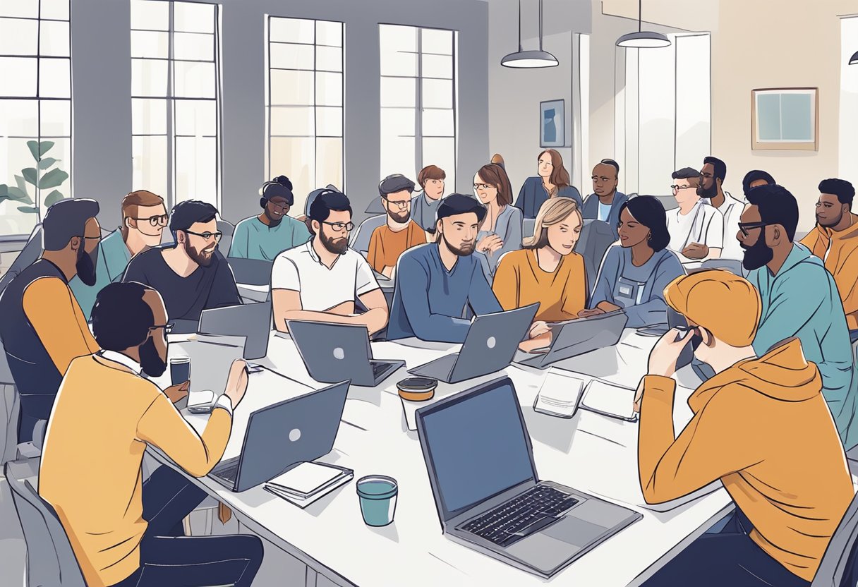 A group of educational video creators in the UK attending a professional development workshop, engaged in discussions and networking