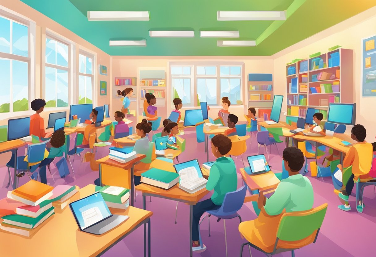 A colorful classroom setting with various educational props and equipment, such as books, computers, and whiteboards, surrounded by enthusiastic students
