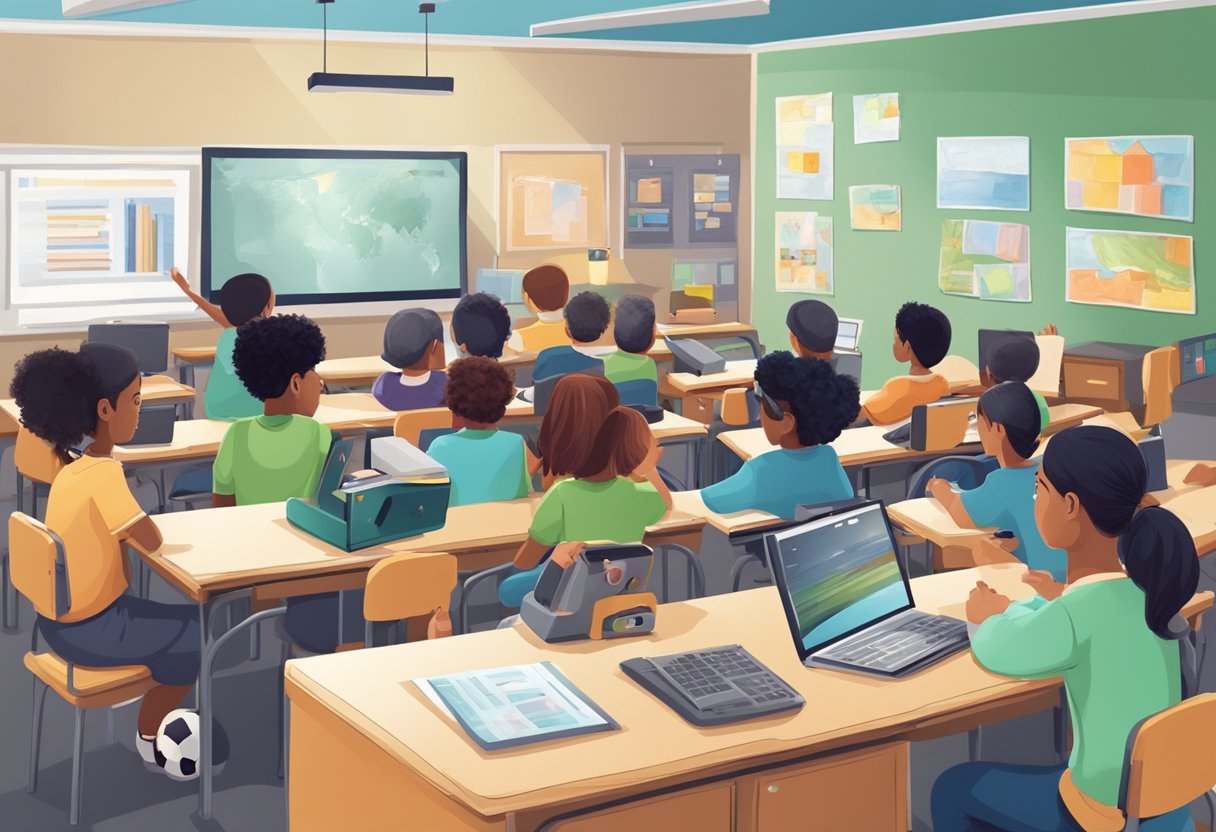 A classroom setting with a teacher and students creating educational videos using cameras and editing software