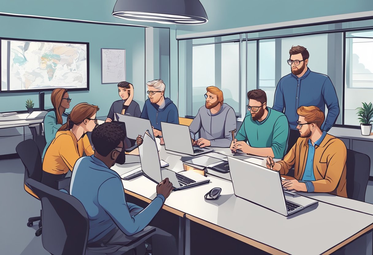 A group of UK educational video creators brainstorming and problem-solving in a modern office setting