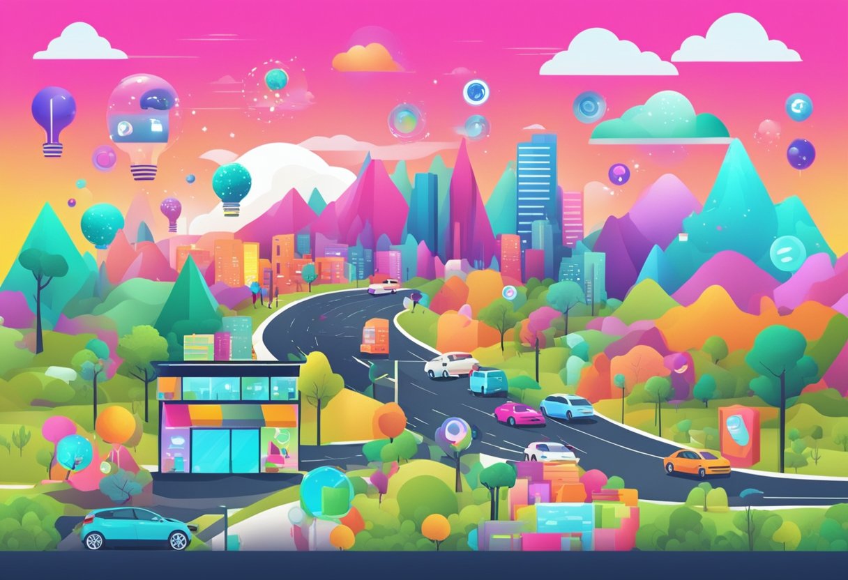 A vibrant and dynamic digital landscape with various animated elements showcasing the evolution of digital marketing through animated explainer trends in 2025