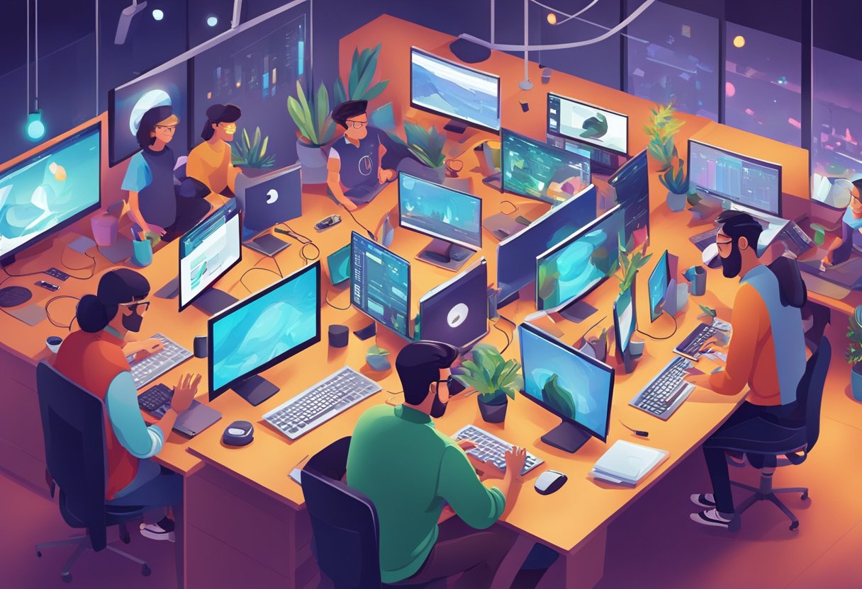 A bustling studio filled with animators working on interactive projects, surrounded by cutting-edge technology and vibrant, colorful illustrations