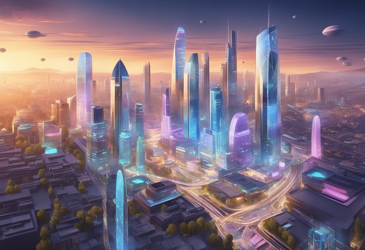 A futuristic cityscape with holographic projections and advanced digital interfaces, showcasing the cutting-edge technology of interactive animation in the UK