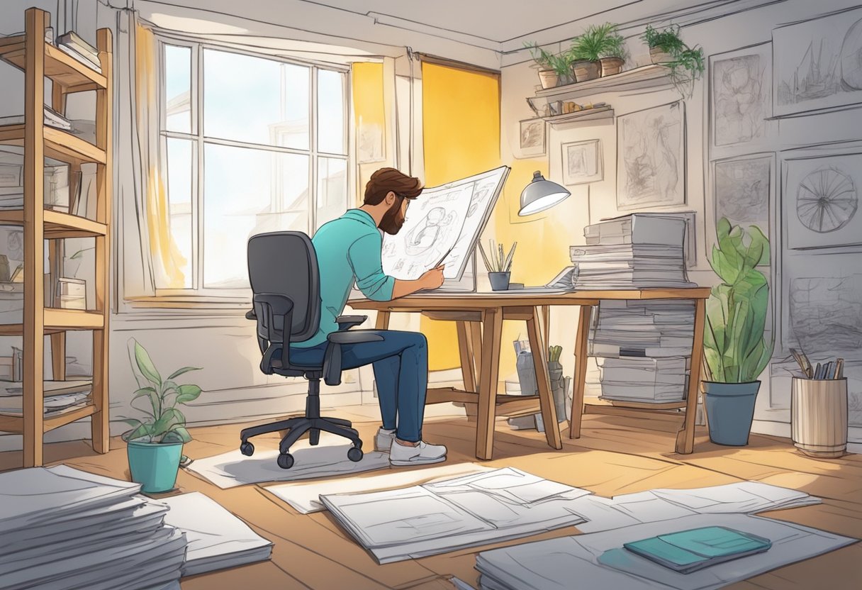 An animated character sketching and developing in a creative studio setting