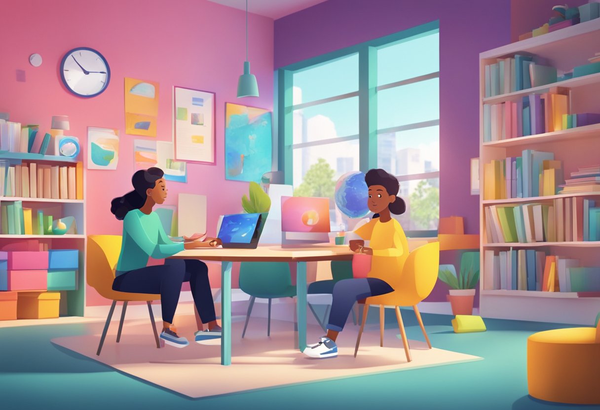 A colorful, dynamic animation showcasing educational and informative content, with interactive elements and a modern UK setting