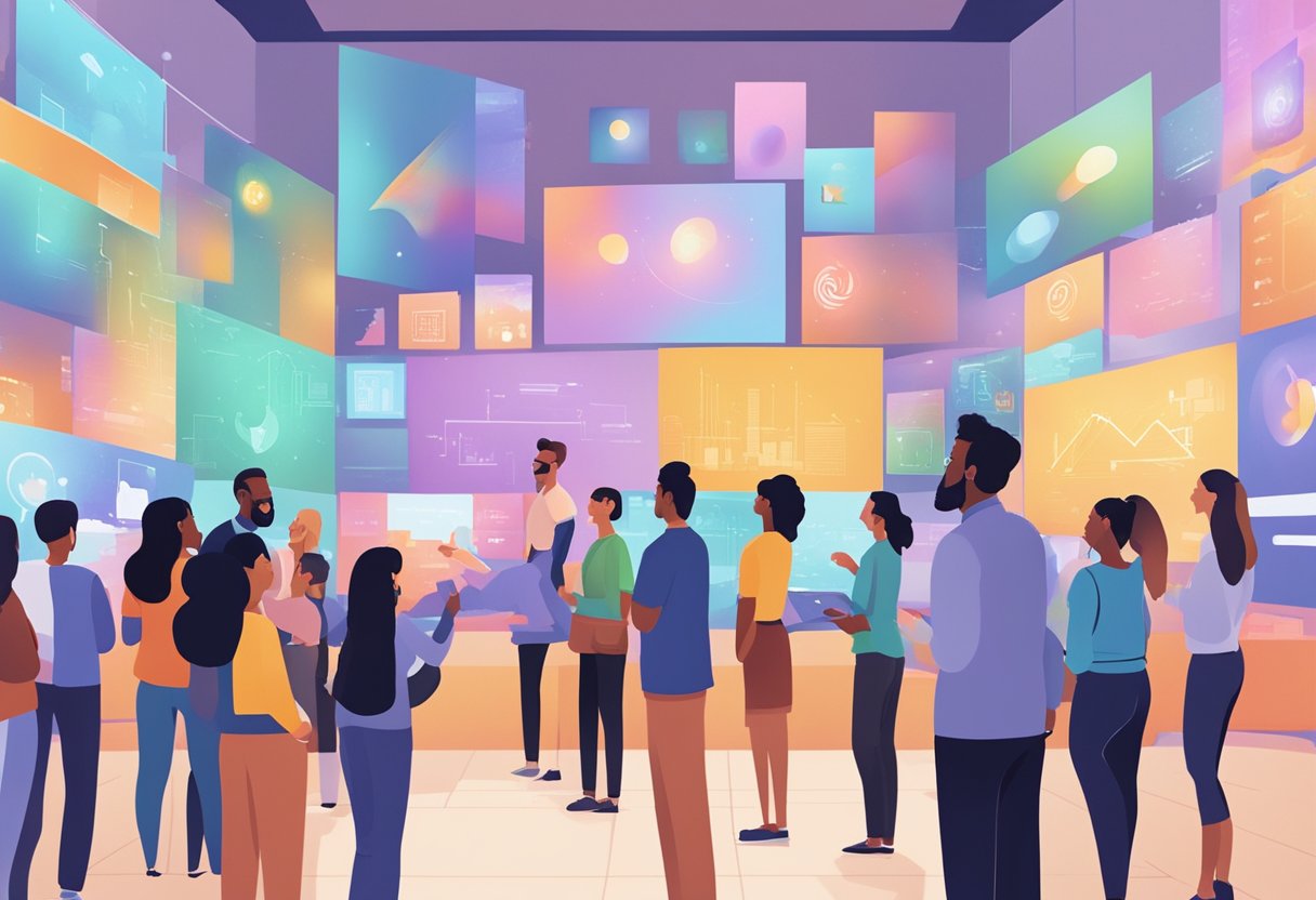 A diverse group of people engaging with interactive animations projected onto a large screen in a public space