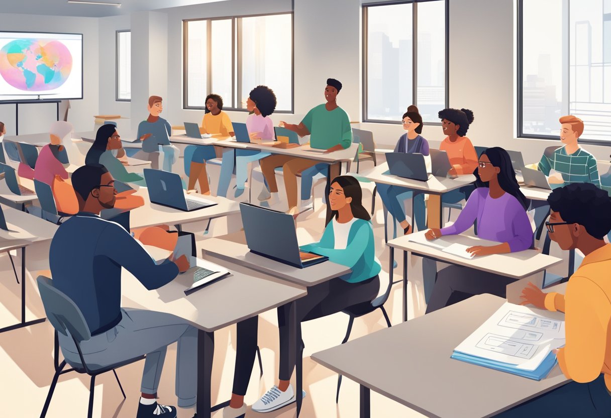 A group of diverse students engage with interactive animations in a modern classroom setting