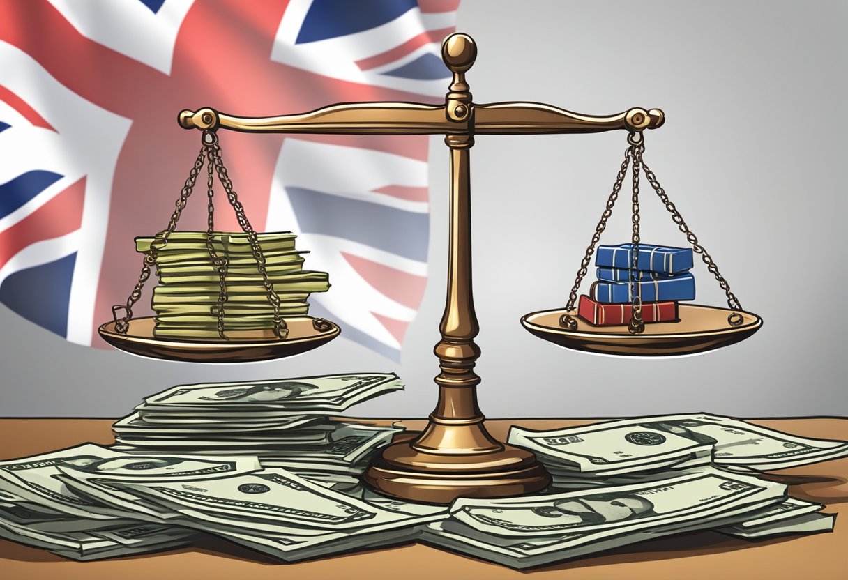 A scale balancing money and legal documents with a UK flag in the background