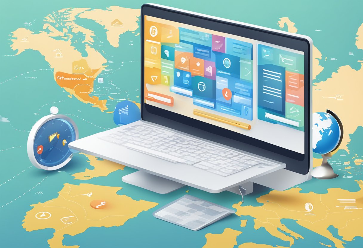 An animated computer screen displaying interactive FAQ icons and a UK map