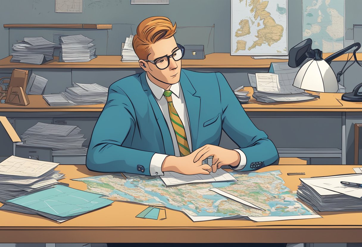 An animated character at a desk, surrounded by question marks and a price tag, with a map of the UK in the background