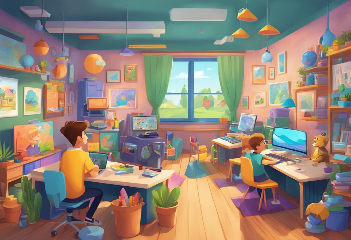 A colorful animation studio with educational themes, featuring various characters and scenes from educational animations