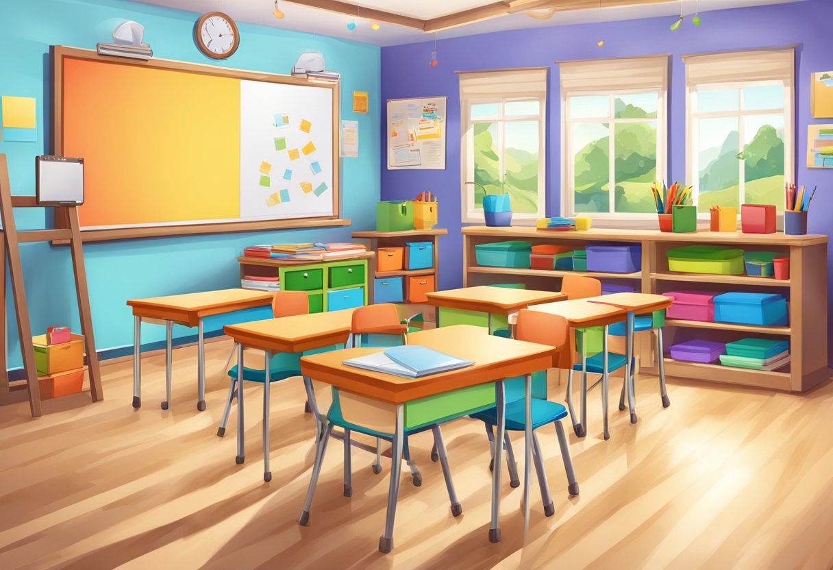 A colorful classroom setting with a whiteboard, desk, and educational props