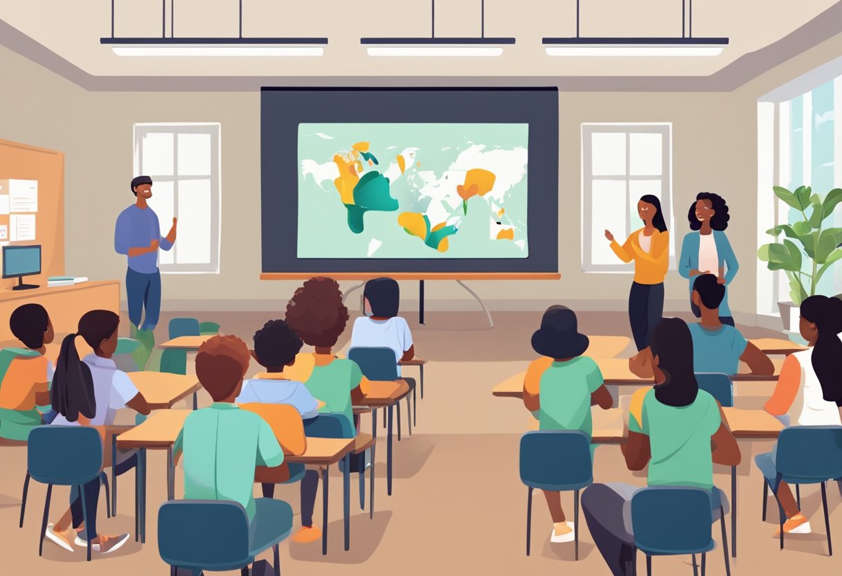 A classroom setting with a large screen displaying an animated educational video. A group of diverse students are engaged and attentive, while the teacher gestures towards the screen