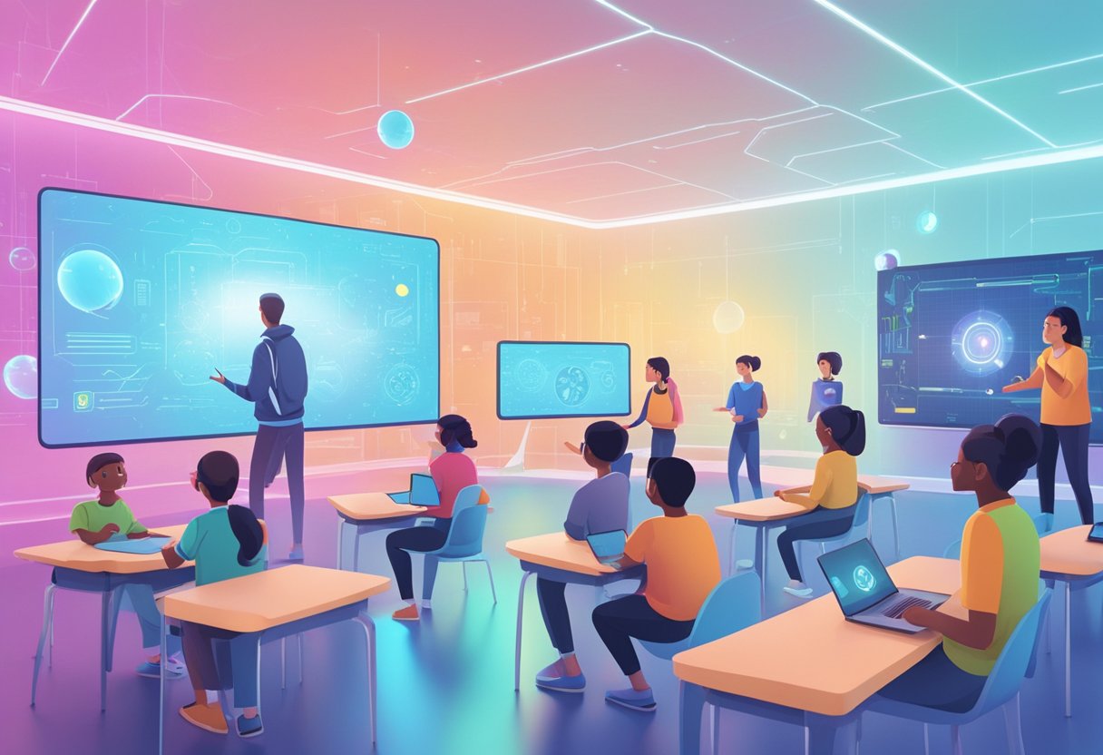 A futuristic classroom setting with animated characters interacting with educational media on holographic screens