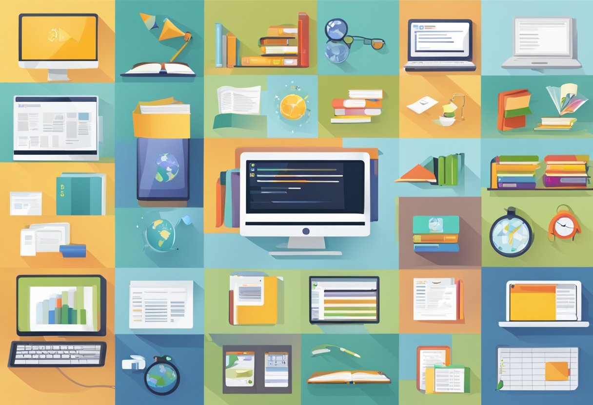 An animated computer screen showing a variety of educational courses and curriculum materials for distance learning