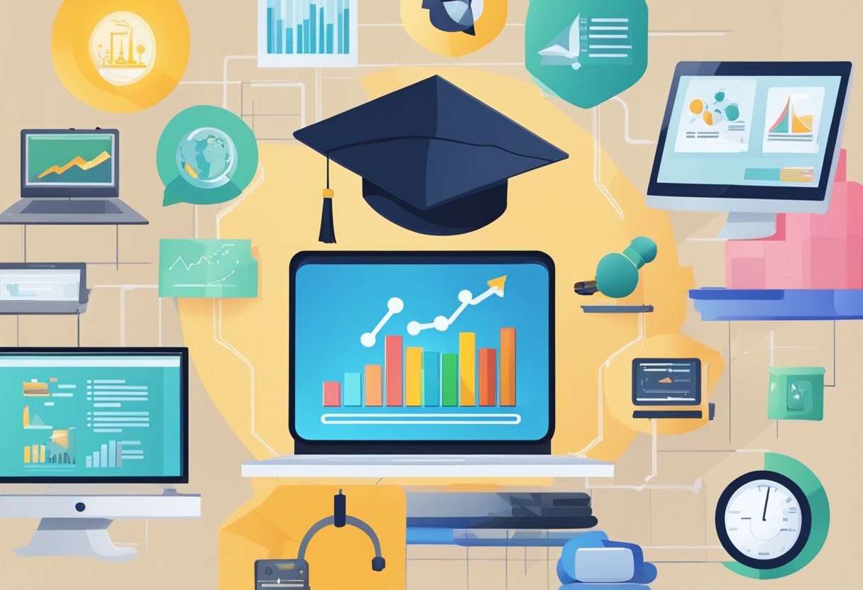 A computer screen displays various industry symbols with a graph showing upward career progression. A diploma and graduation cap are also included in the scene