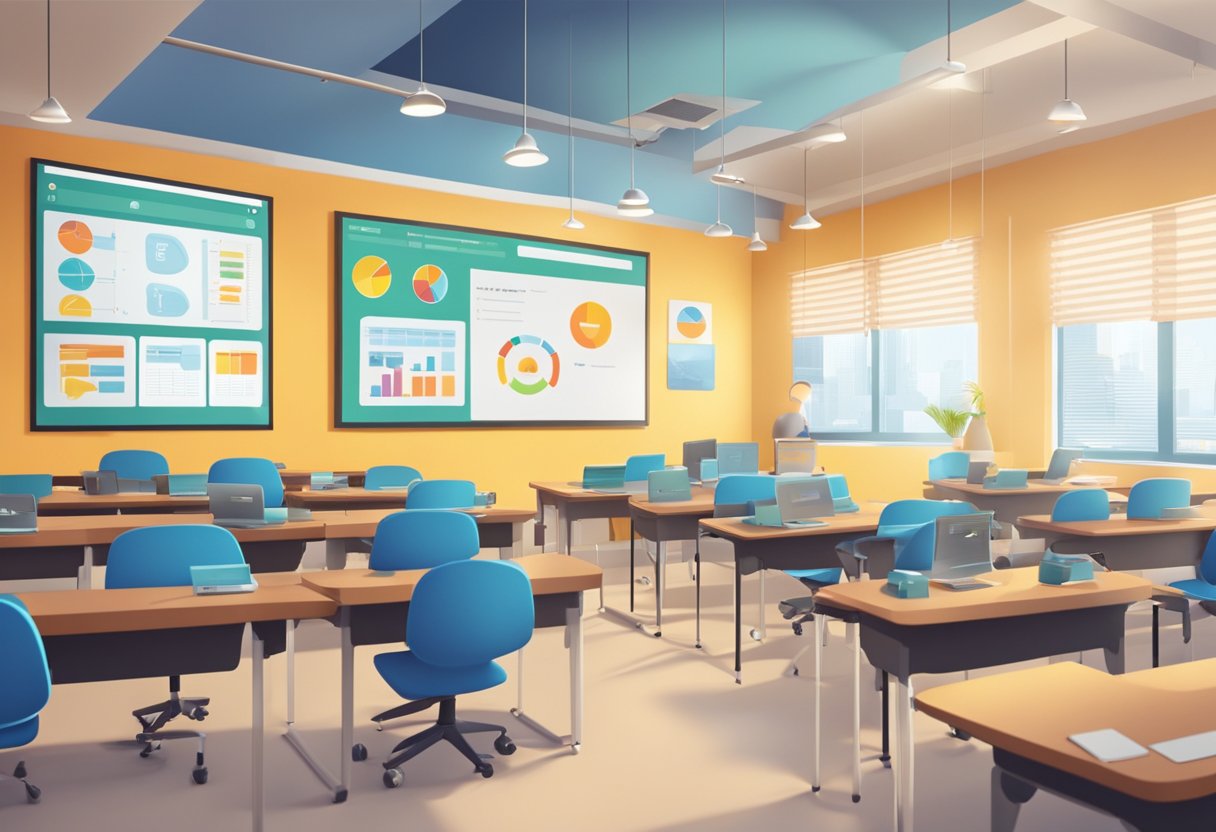 A digital classroom with animated icons, charts, and interactive elements for distance learning