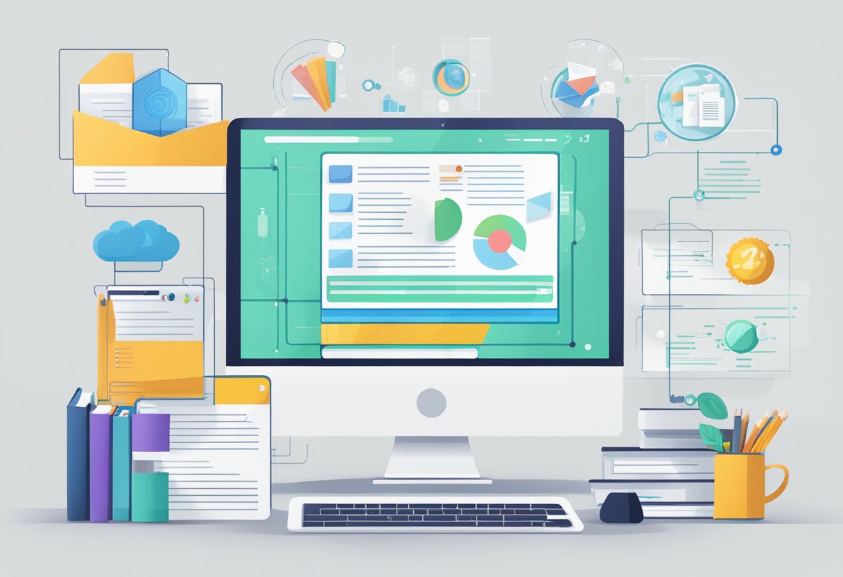 A computer screen displaying a series of steps and requirements, with icons representing documents and qualifications, surrounded by virtual learning tools and resources