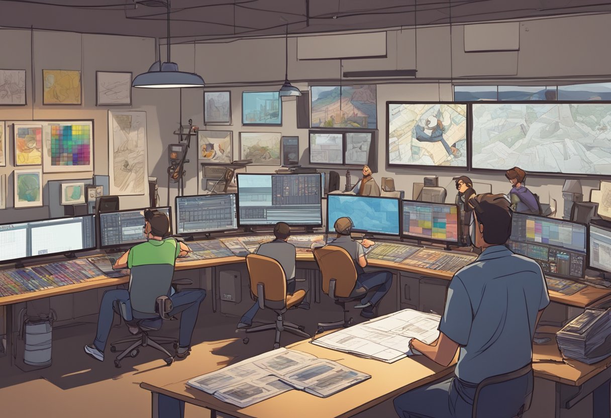 A bustling studio with animators at work, surrounded by colorful storyboards and concept art. A director confers with a team, while a sound engineer mixes audio in the background