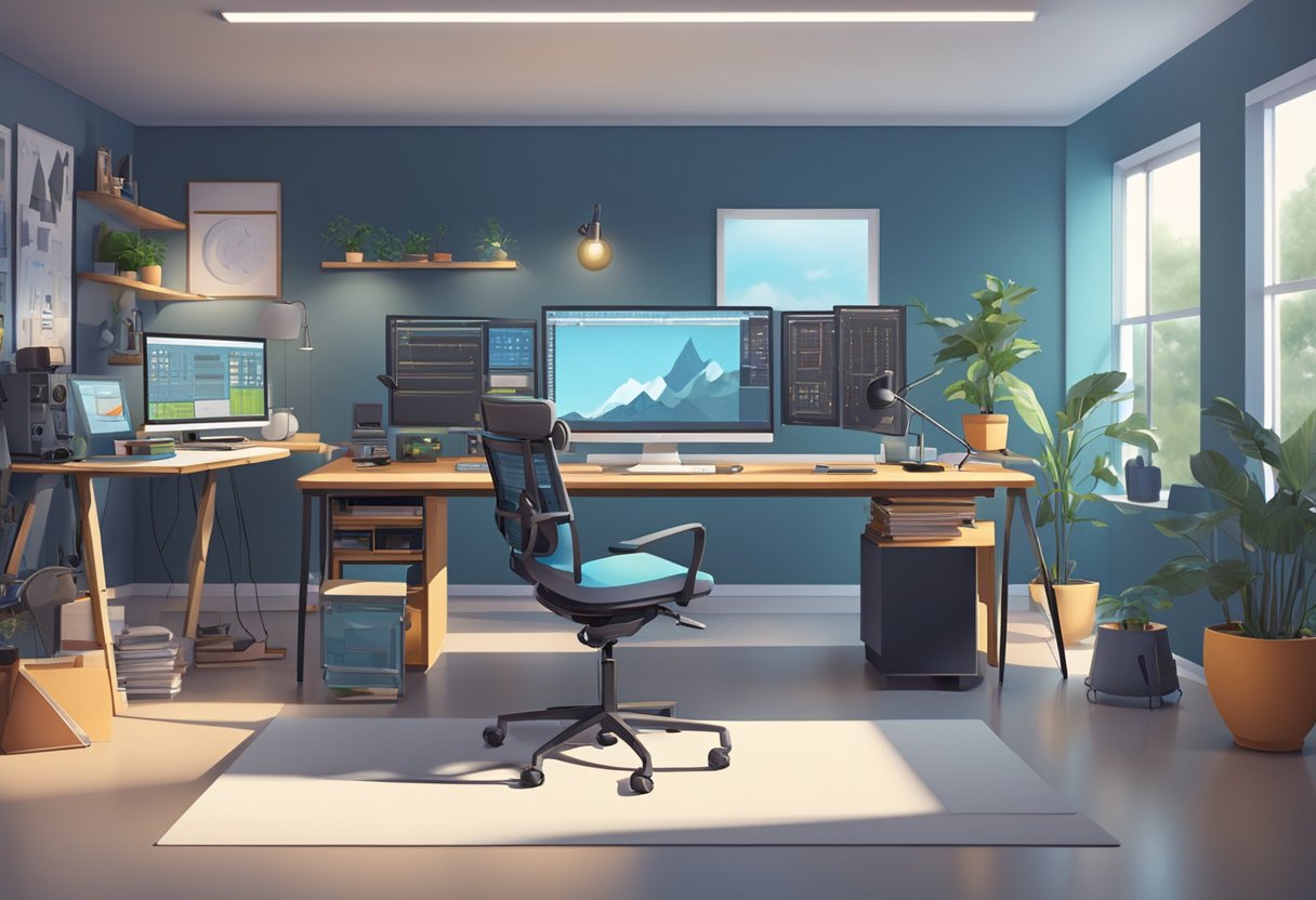 A sleek, modern animation studio with cutting-edge equipment and innovative design concepts on display