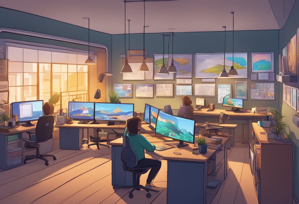 A bustling animation studio with colorful desks, computers, and storyboards. Artists collaborate, while a wall displays glowing reviews and awards