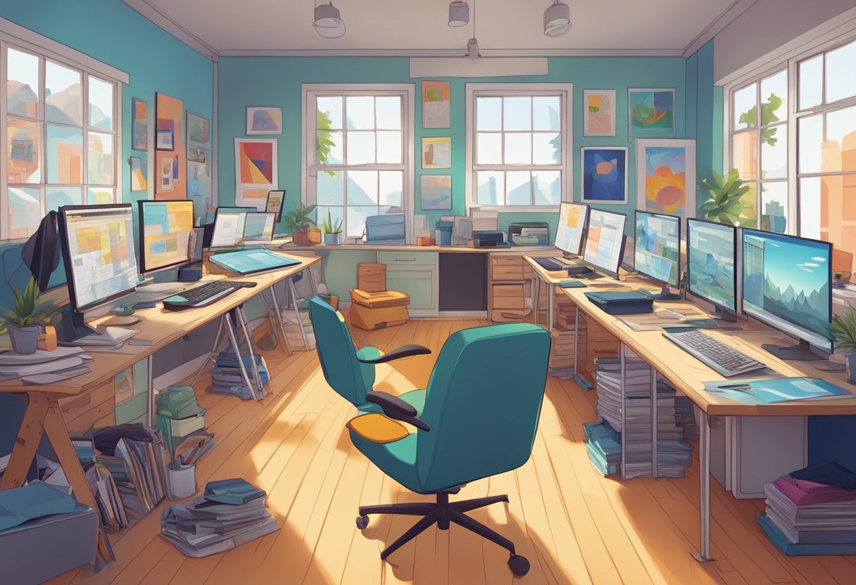 A bustling animation studio with colorful posters, desks, and computers, showcasing a diverse portfolio of animated projects