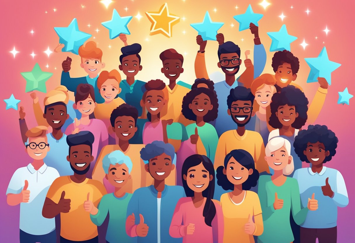 A group of diverse, smiling customers hold up glowing stars and thumbs-up signs, surrounded by animated characters and scenes from various testimonials