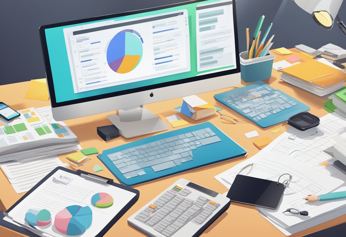 A cluttered desk with a computer, tablet, and papers. A variety of animation industry pricing guides are scattered across the surface