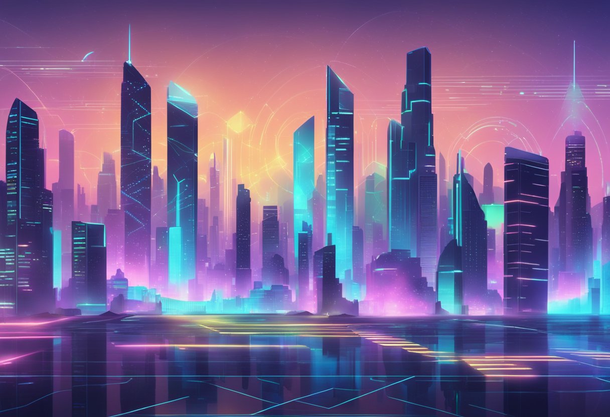 A futuristic cityscape with animated holographic price charts and graphs hovering above the skyline