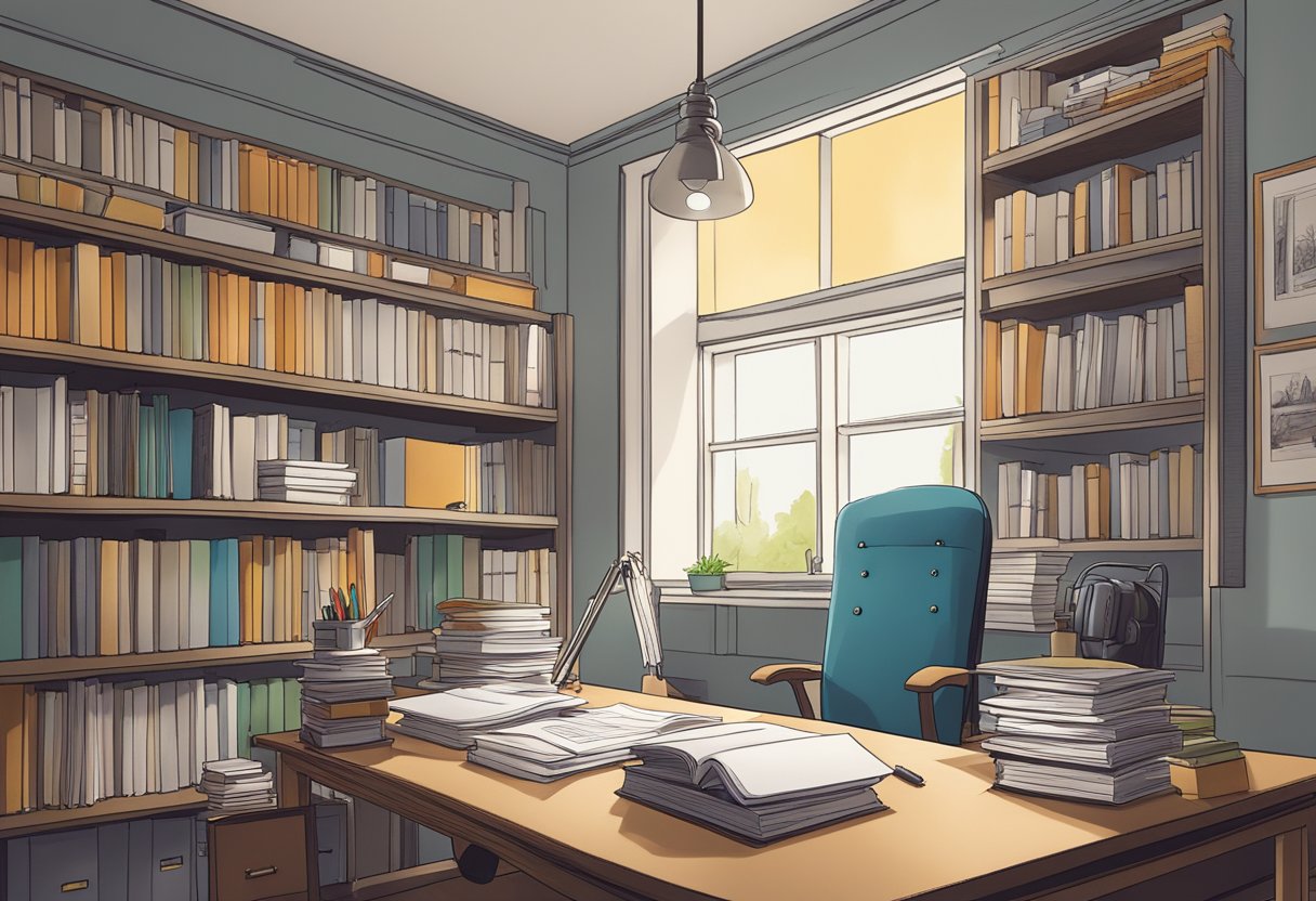 An animation studio in the UK, with legal and ethical documents on a desk, surrounded by books and a computer