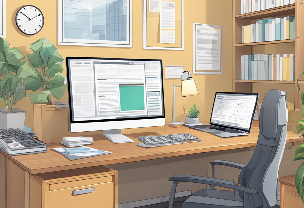 An office desk with a computer, headphones, and a stack of papers. A bulletin board with customer reviews and a logo of an animation company