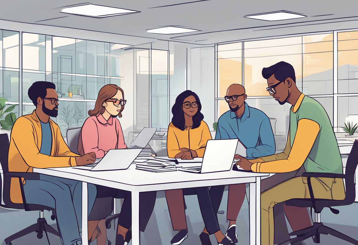 A group of educational animation experts in the UK collaborating and brainstorming ideas in a modern office setting